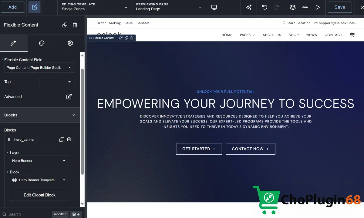Giao diện sử dụng trường Flexible Content của ACF cho phép người dùng xây dựng các bố cục trang độc đáo bằng cách thêm và sắp xếp các khối nội dung đã định nghĩa trước