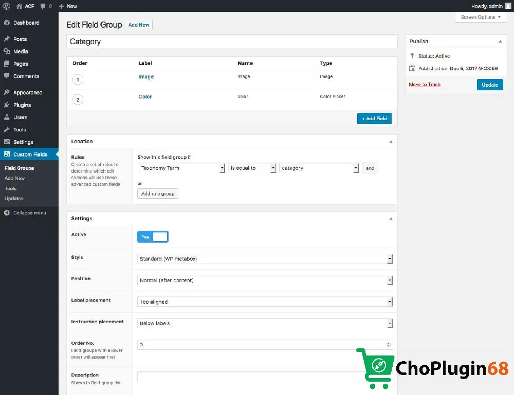 Cài đặt quy tắc vị trí cho nhóm trường trong Advanced Custom Fields định rõ nơi các trường tùy chỉnh sẽ hiển thị