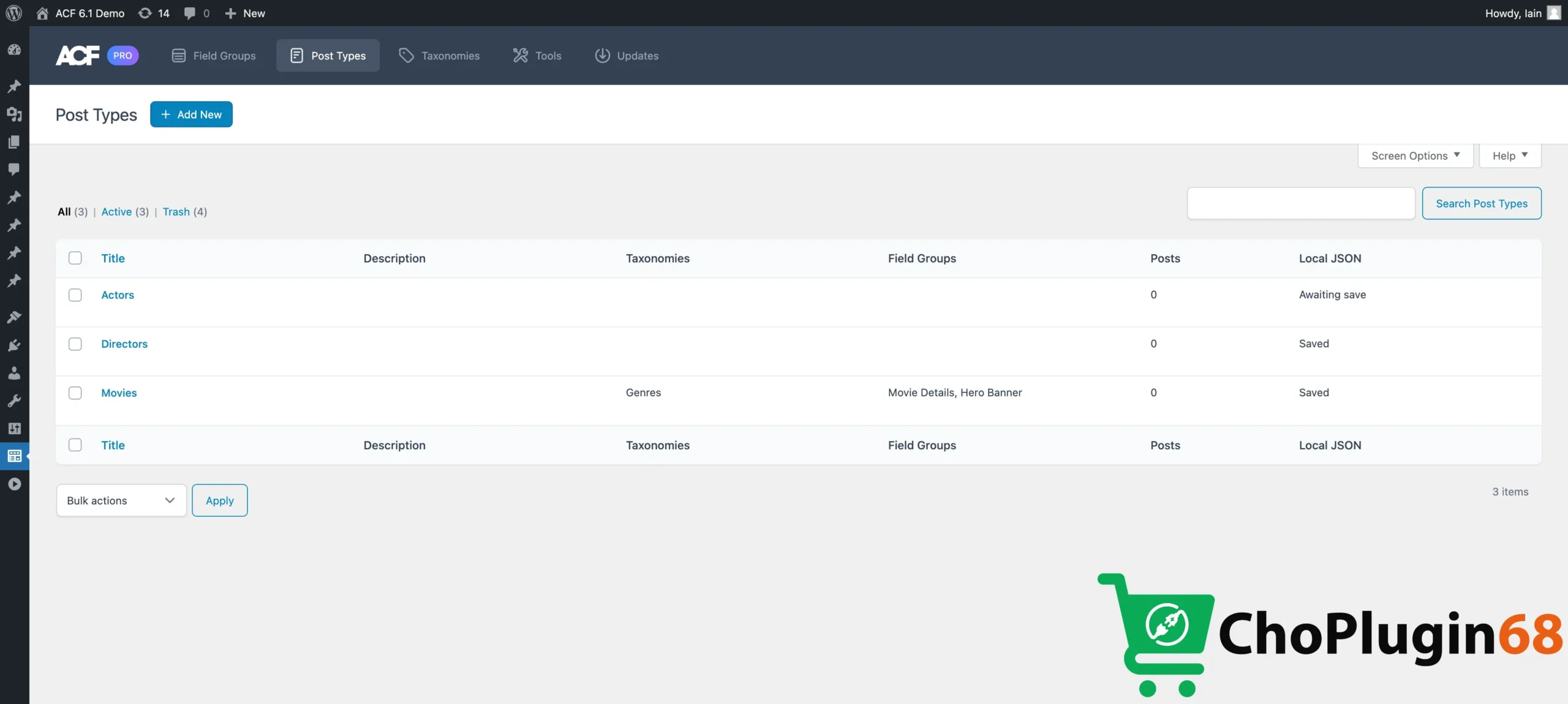 Ví dụ về các trường tùy chỉnh Custom Field được gán cho một Custom Post Type Dự án trong ACF cho phép nhập liệu chi tiết hơn cho từng dự án