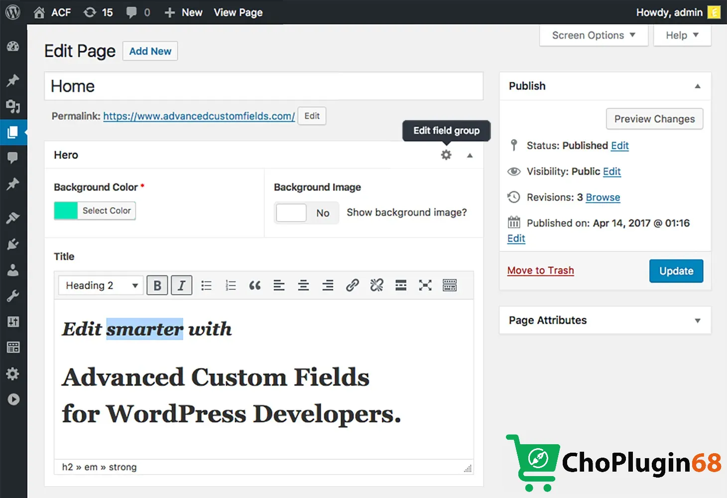 Giao diện tìm kiếm và cài đặt plugin Advanced Custom Fields trong WordPress
